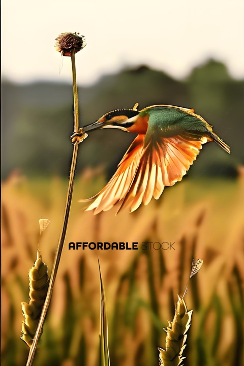 A colorful bird with a long beak is flying over a field