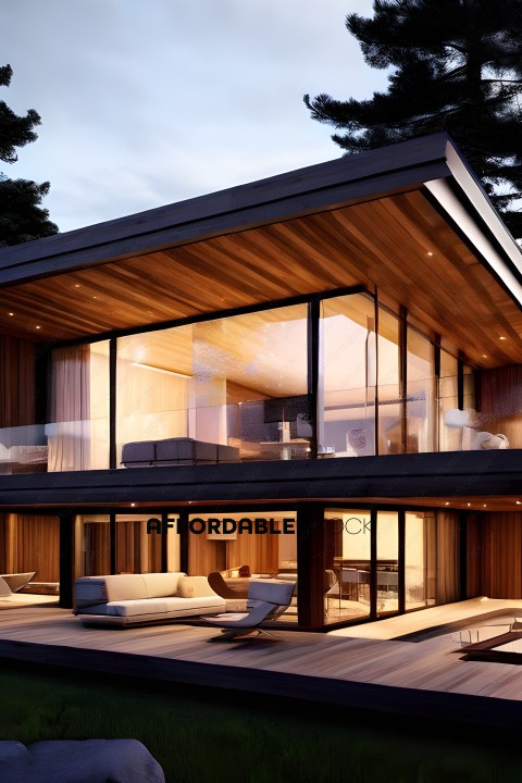 A modern, open concept home with a glass wall and a large deck