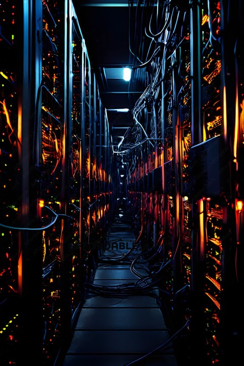 A dark, winding hallway filled with computer servers
