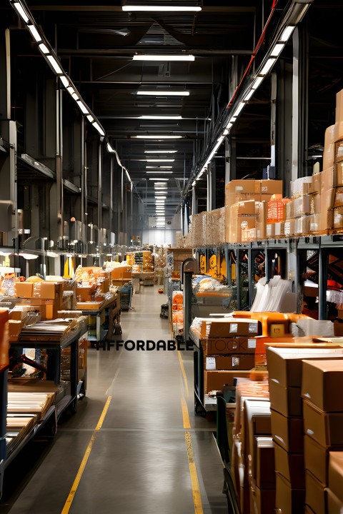 A warehouse with a long aisle of boxes