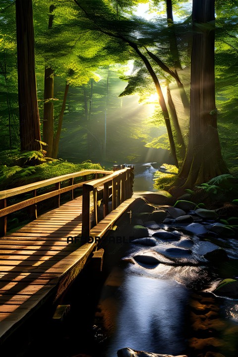 A bridge over a stream with sunlight shining through the trees