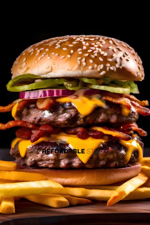 A close up of a hamburger with cheese, lettuce, tomato, and bacon