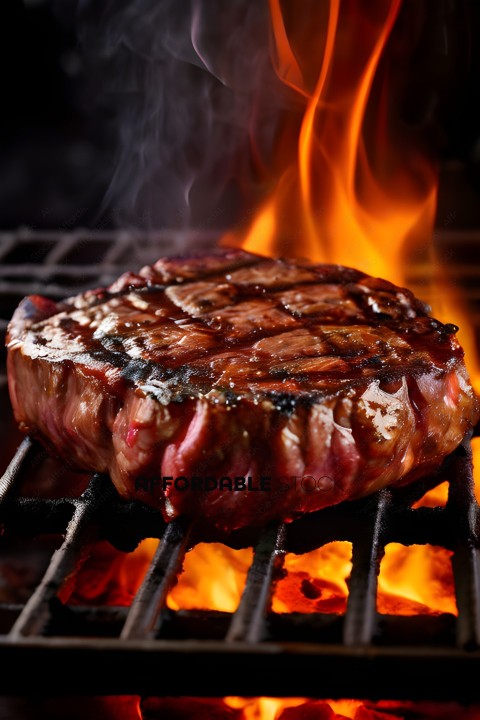 Steak on a grill with fire in the background