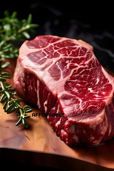 A close up of a raw piece of meat with herbs on the side