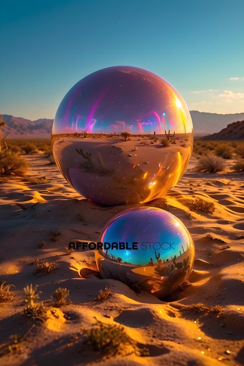 A large glass ball sits in the sand with a reflection of the desert