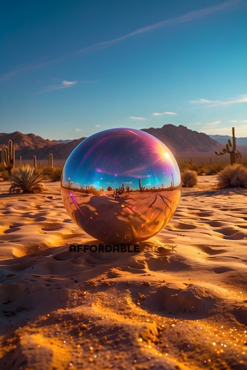 A large glass ball sits in the sand
