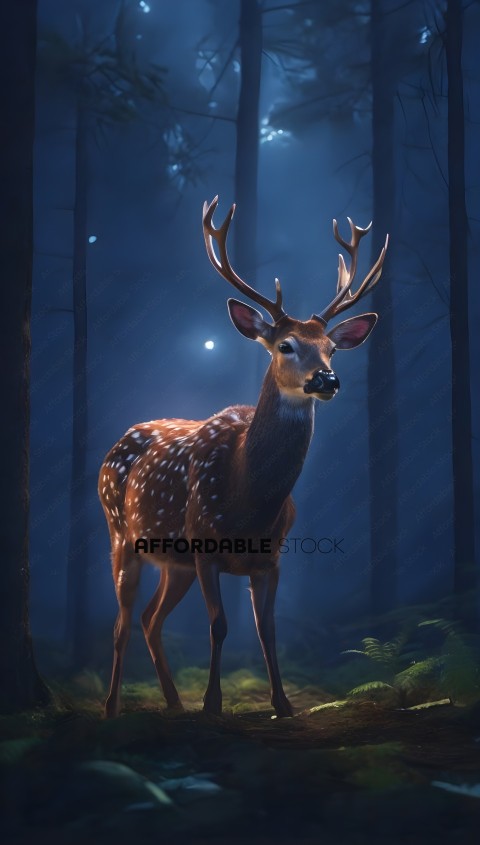 A deer with a full rack of antlers standing in the woods