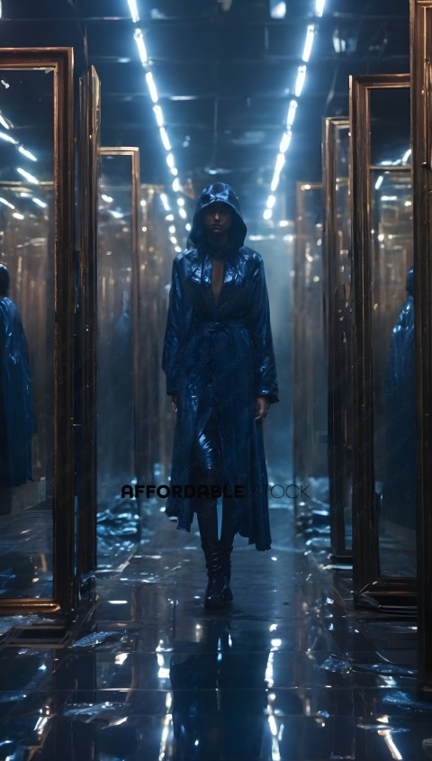 A person in a blue coat and boots walking through a mirrored hallway