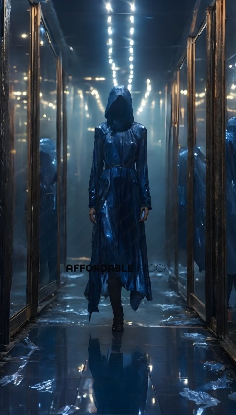A woman in a blue dress walks through a hallway of mirrors