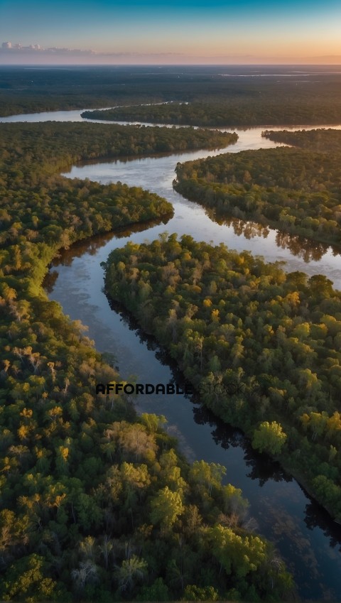 Aerial View of a Meandering River at Sunset