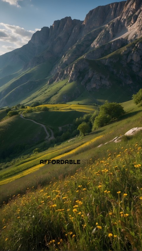Sunlit Mountain Landscape with Wildflowers