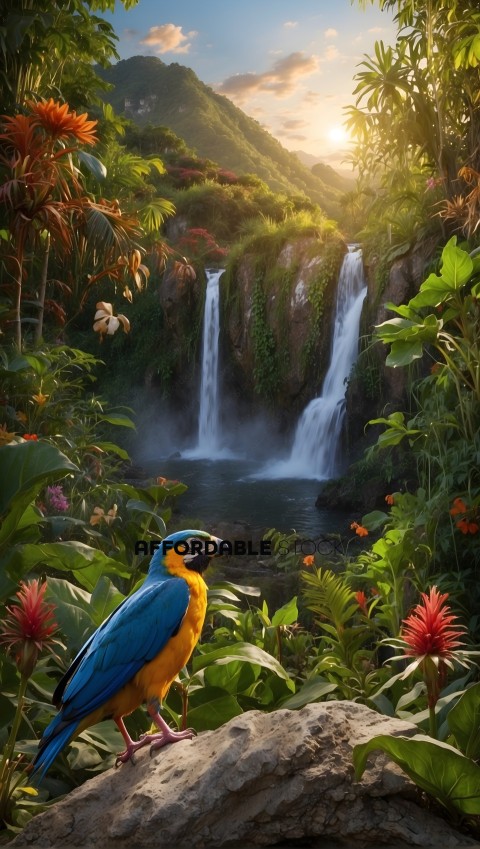 Blue and Yellow Macaw in Tropical Landscape