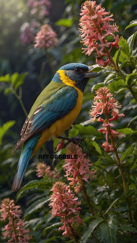 Colorful Tropical Bird on Flowering Branch