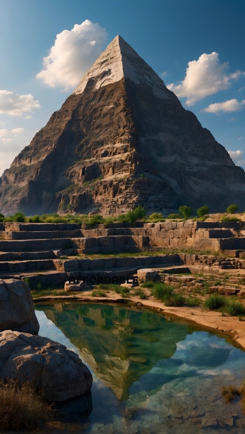 Majestic Pyramid by Tranquil Lake at Sunset