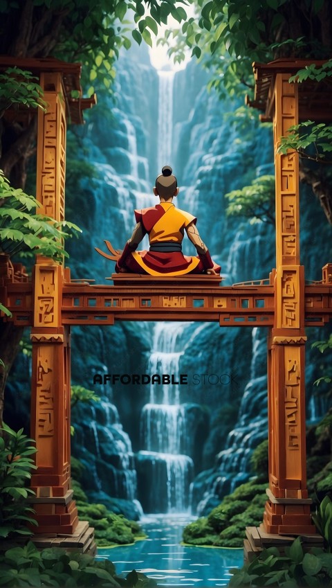 Animated Character Meditating by Waterfall