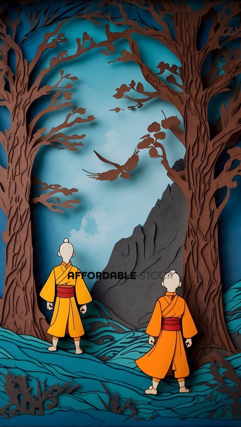 Paper Art of Monks Walking in Forest Landscape