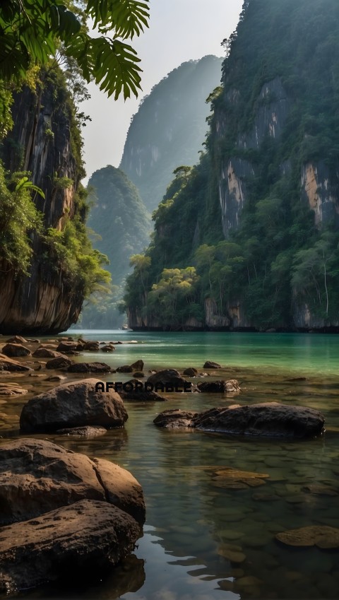 Tranquil River with Lush Greenery and Limestone Cliffs