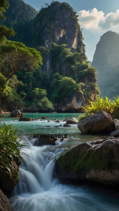 Tropical River with Rushing Water and Lush Cliffs