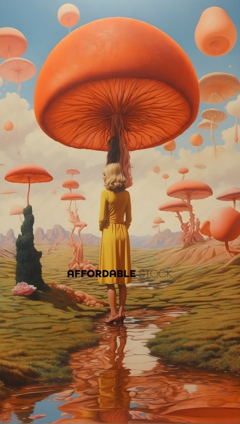 A woman in a yellow dress stands under a giant mushroom