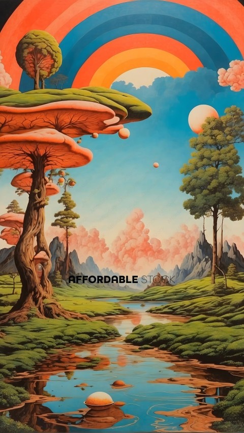 A painting of a forest with mushrooms and a lake