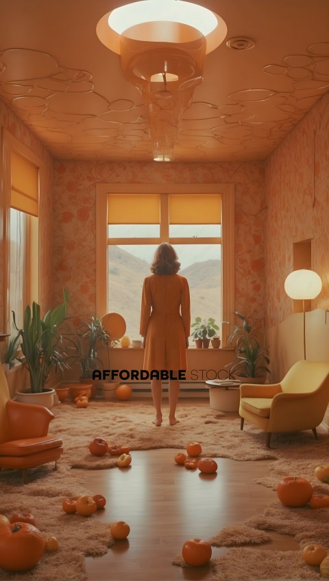 A woman in a yellow dress stands in a room with a view of the mountains