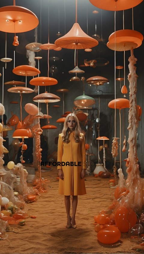 A woman in a yellow dress stands in a room with orange objects