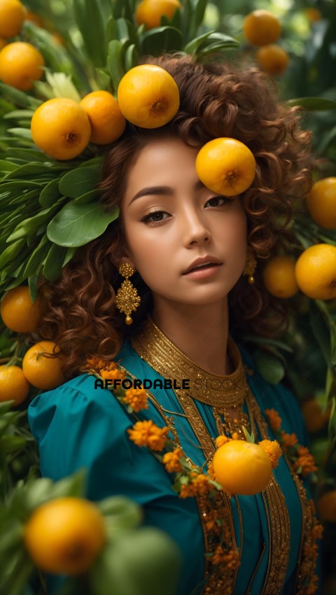 Woman Adorned with Citrus Fruits and Flowers