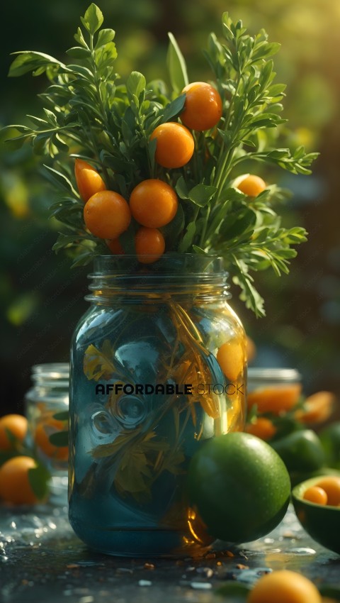 Fresh Kumquats in Glass Jar with Greenery
