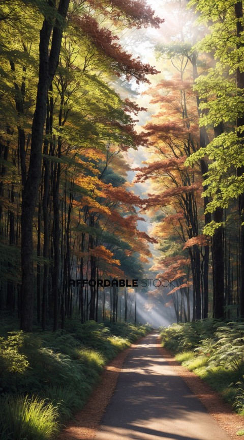 Sunlit Forest Path in Autumn