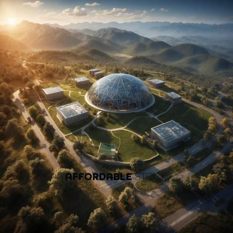 Futuristic Dome Structure Amidst Nature at Sunset