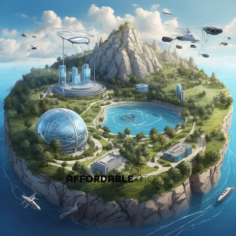Futuristic Seaside Cityscape with Flying Vehicles