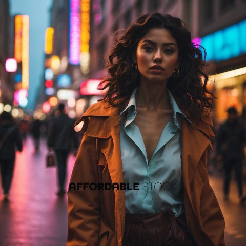 Fashionable Woman Walking in Neon-Lit City at Dusk
