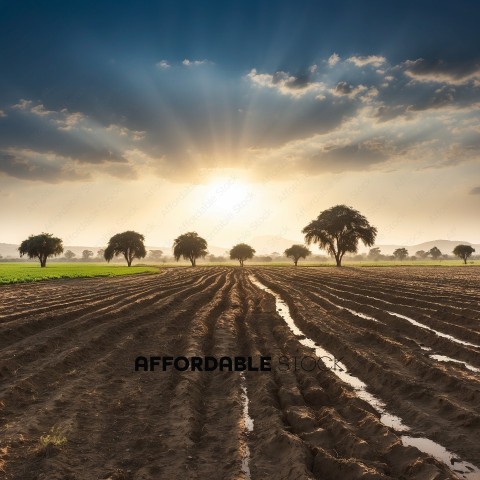 Sunburst Over Farmland with Plowed Fields