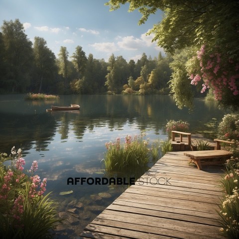 Serene Lake View with Wooden Pier and Rowboat