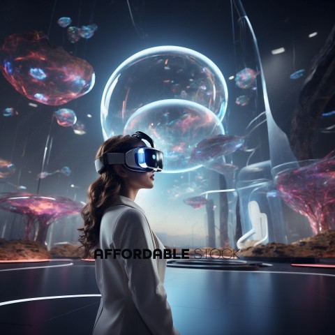 Woman Experiencing Virtual Reality in a Futuristic Setting