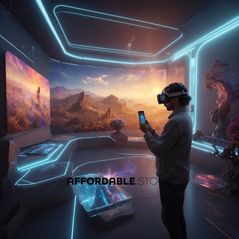Man Experiencing Virtual Reality in Futuristic Room