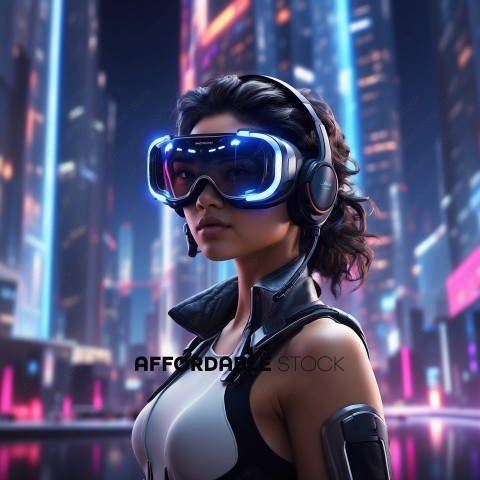 Futuristic Woman with VR Headset in Neon Cityscape