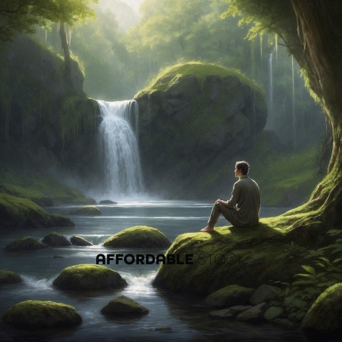 Man Contemplating Waterfall in Lush Forest