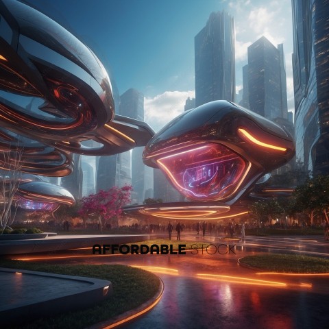 Futuristic Cityscape with Hovering Vehicles