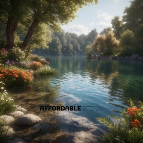 Serene Lakeside with Blooming Flowers and Trees
