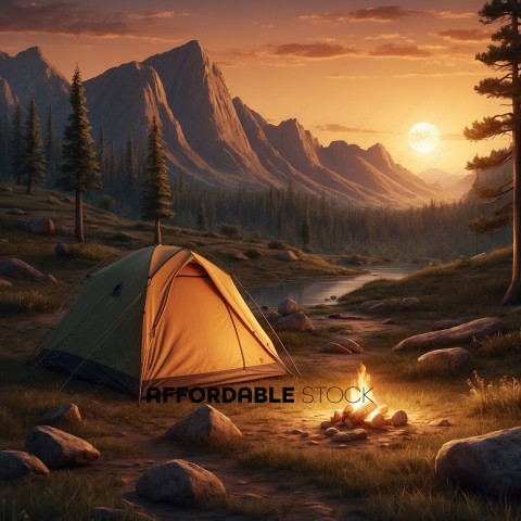 Camping Tent by Mountain River at Sunset