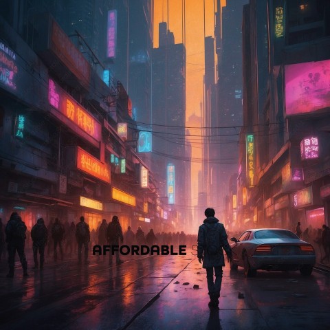 Futuristic Cityscape with Neon Signage and Pedestrians