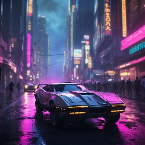 Futuristic Car in Neon-Lit City Street