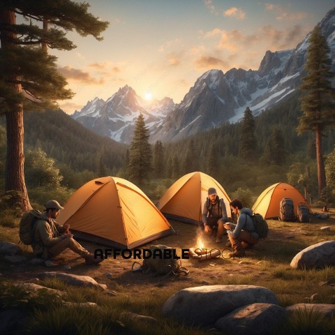 Camping in Mountainous Forest at Sunset