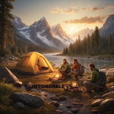 Campers Enjoying Sunset in Mountain Landscape