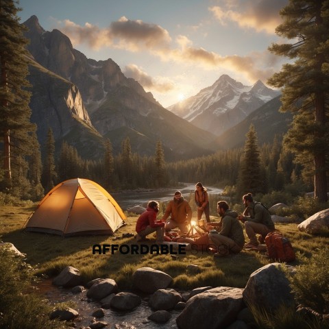 Group Camping by Mountain River at Sunset