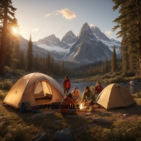Camping Friends Enjoying Wilderness at Sunset