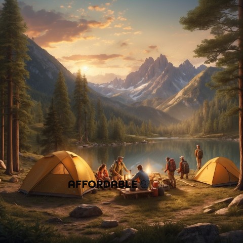 Campers by Mountain Lake at Sunset