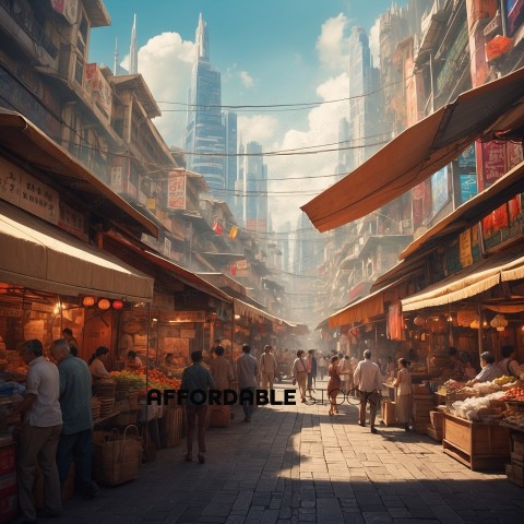 Bustling Futuristic City Market Scene