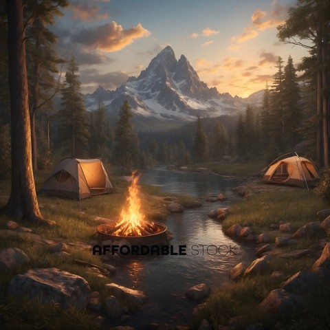 Serene Camping by Mountain River at Sunset